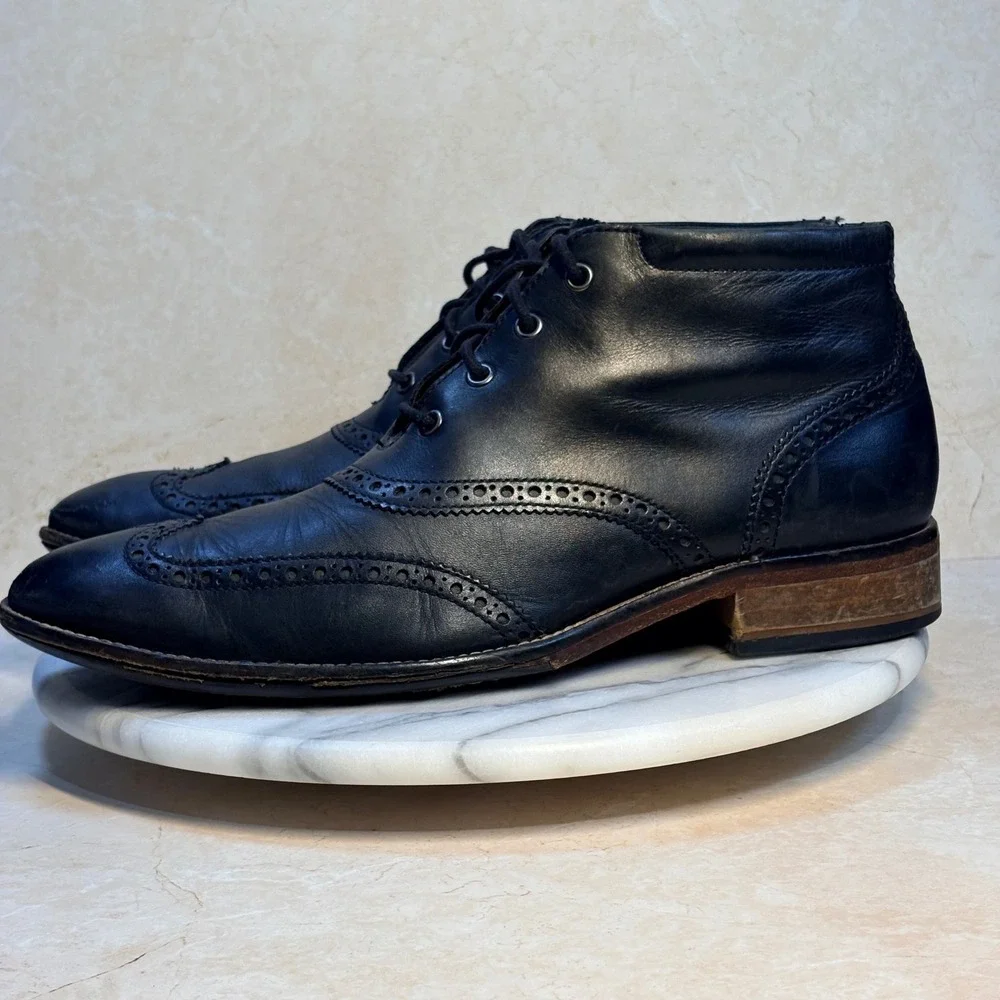 Cole Haan Liam Mens C11052 Black Leather Wingtip Brogue Ankle Boots Size 8.5 M